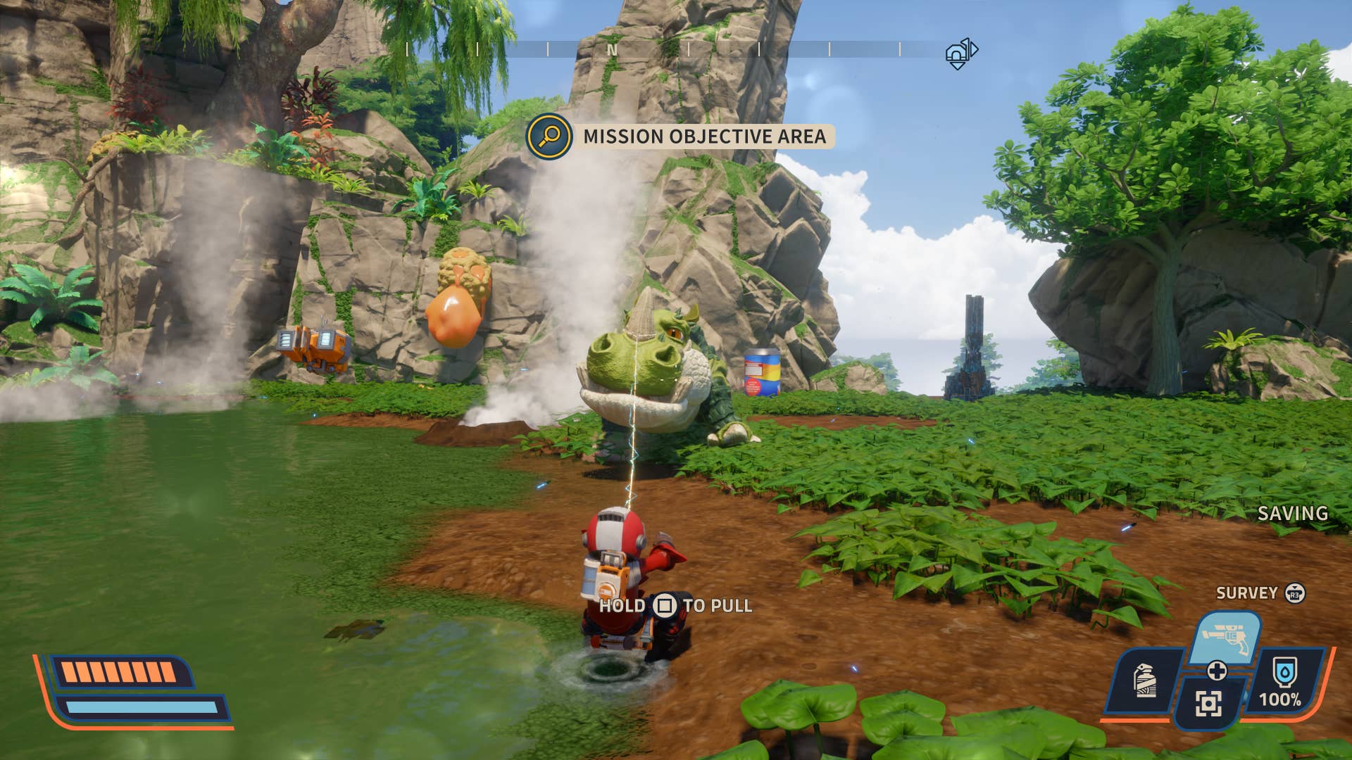 A character in a space suit drags a strange green hippy with a rope in an overgrown alien jungle.