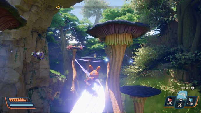 A bunny-eared character in a space suit grinds along a glowing energy rail, amidst giant mushrooms.