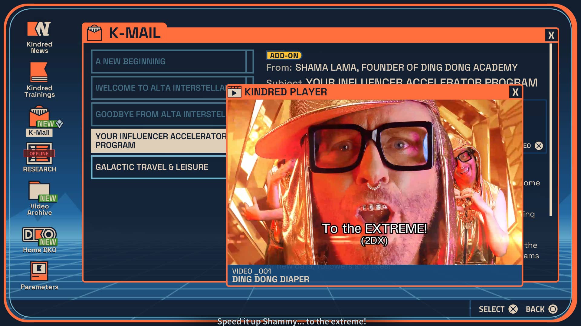 A computer terminal screenshot from Revenge of the Savage Planet, displaying a video that has a puerile take on an influencer playing on it.
