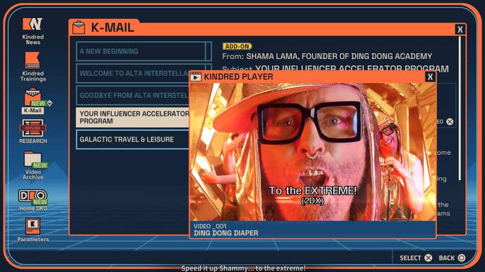 A computer terminal screenshot from Revenge of the Savage Planet, displaying a video that has a puerile take on an influencer playing on it.