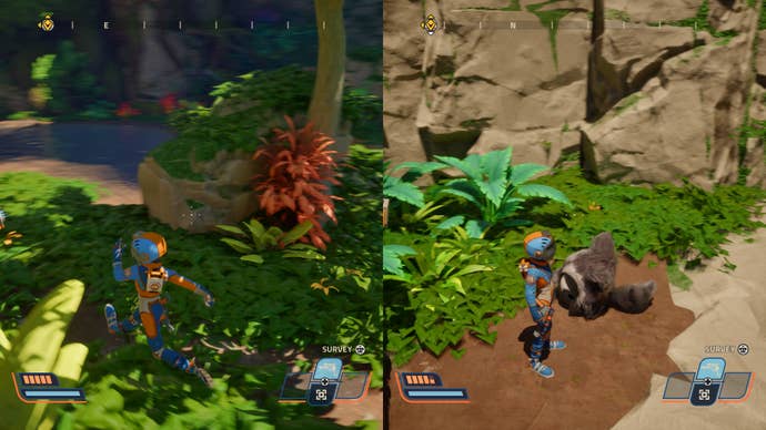Revenge of the Savage Planet in split-screen. On each side of the screen we see character in space suits exploring a dense and very green jungle biome.