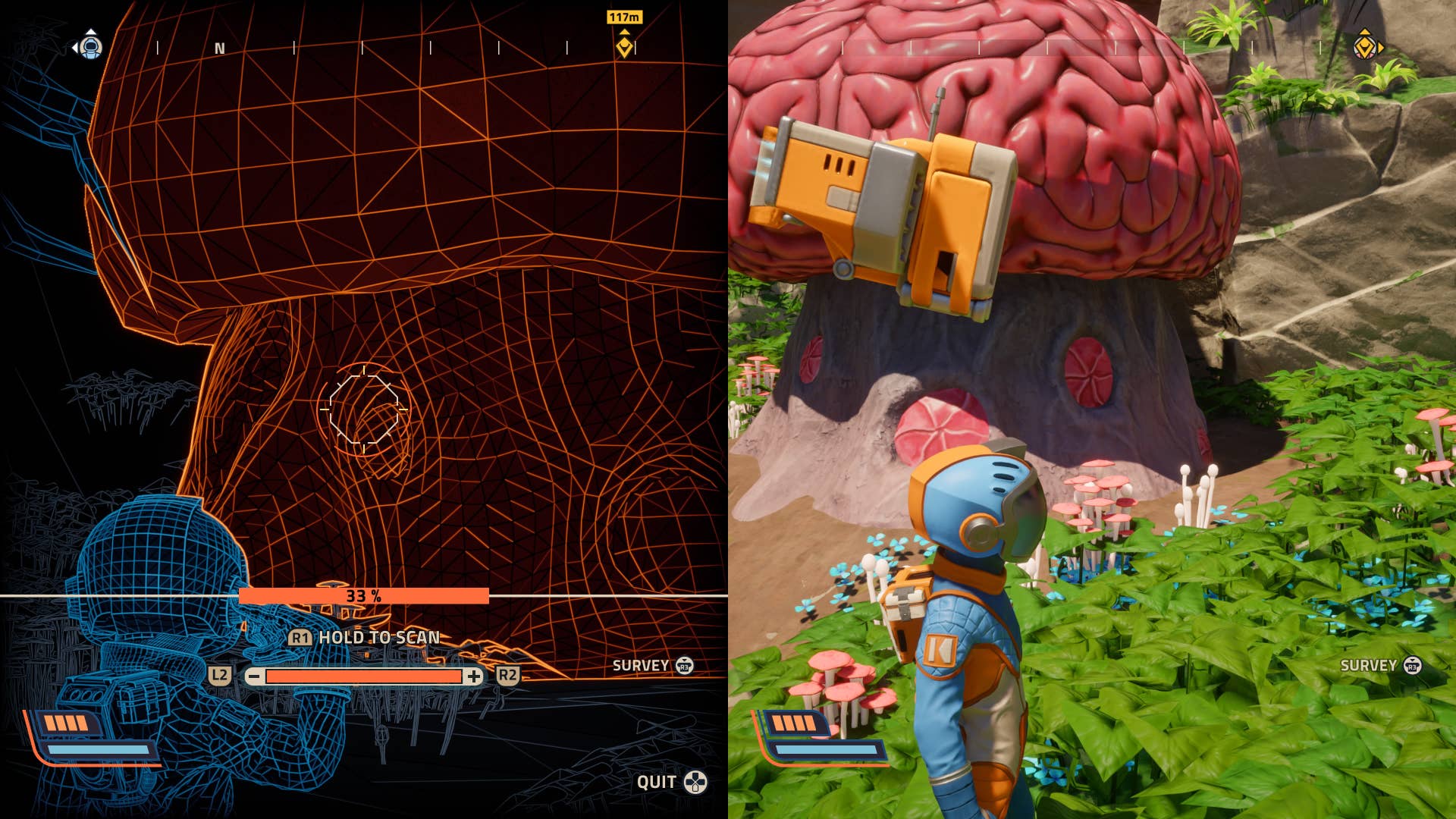 Revenge of the Savage Planet in split-screen. On one half of the screen we're in scan mode, which is two-coloured and blue or orange outlined. Then on the right hand side we see a character in a space suit by a mushroom house. Only, the top of the mushroom is a brain. Weird.