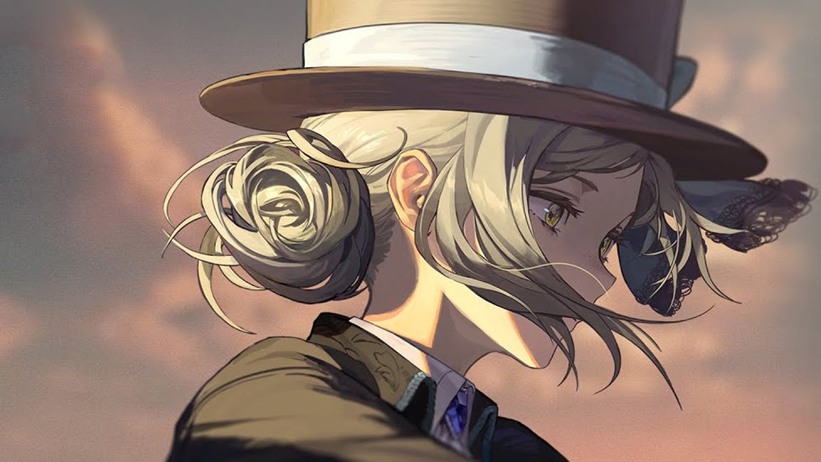 Artwork for the mobile game Reverse 1999 showing a female anime character wearing a top hat looking deep in thought. - 1