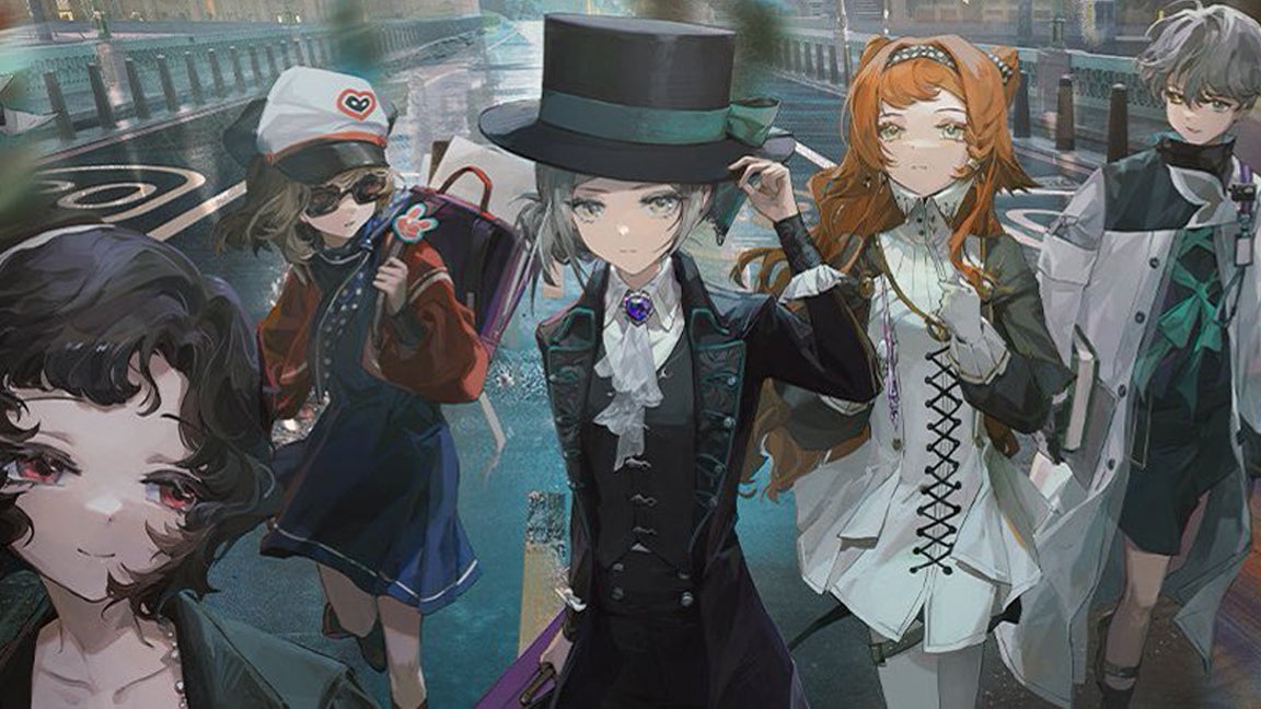 Artwork for Reverse 1999 showing a selection of anime characters in a rainy London.