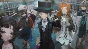 Artwork for Reverse 1999 showing a selection of anime characters in a rainy London.