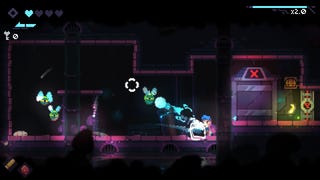 Revita - In a 2D platformer level the player character aims a reticle at three green, flying enemies.