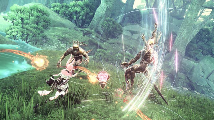 A woman with bunny ears is slamming a hammer into a monster in a forest in Reynatis.