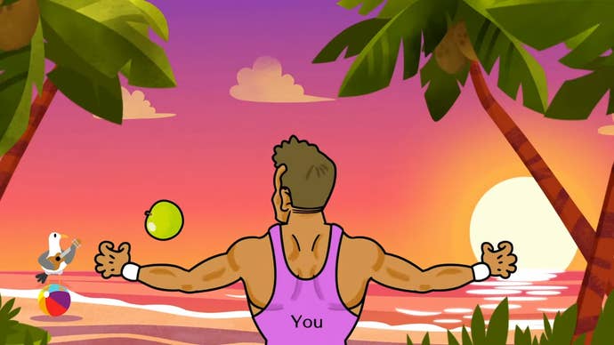 A character works out at the beach in Rhythm Heaven Groove, which is heading to the Nintendo Switch.