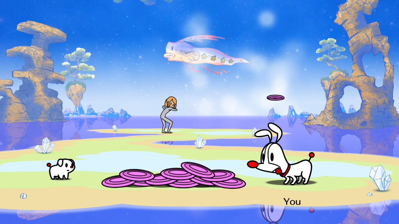 Rhythm Paradise Groove screenshot showing a cartoon dog looking delighted at a big pile of frisbees, while underwarter