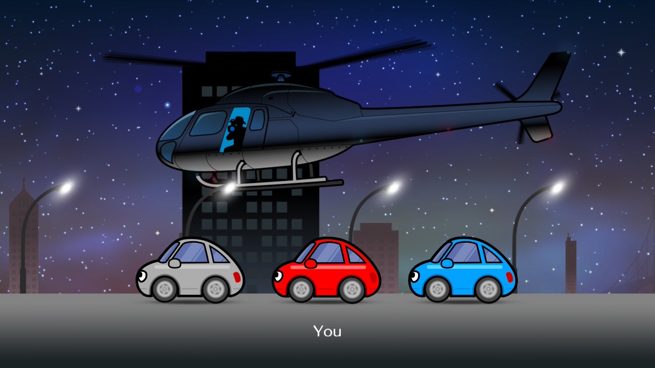 Rhythm Paradise Groove screenshot showing three cartoon cars beneath a helicopter at night