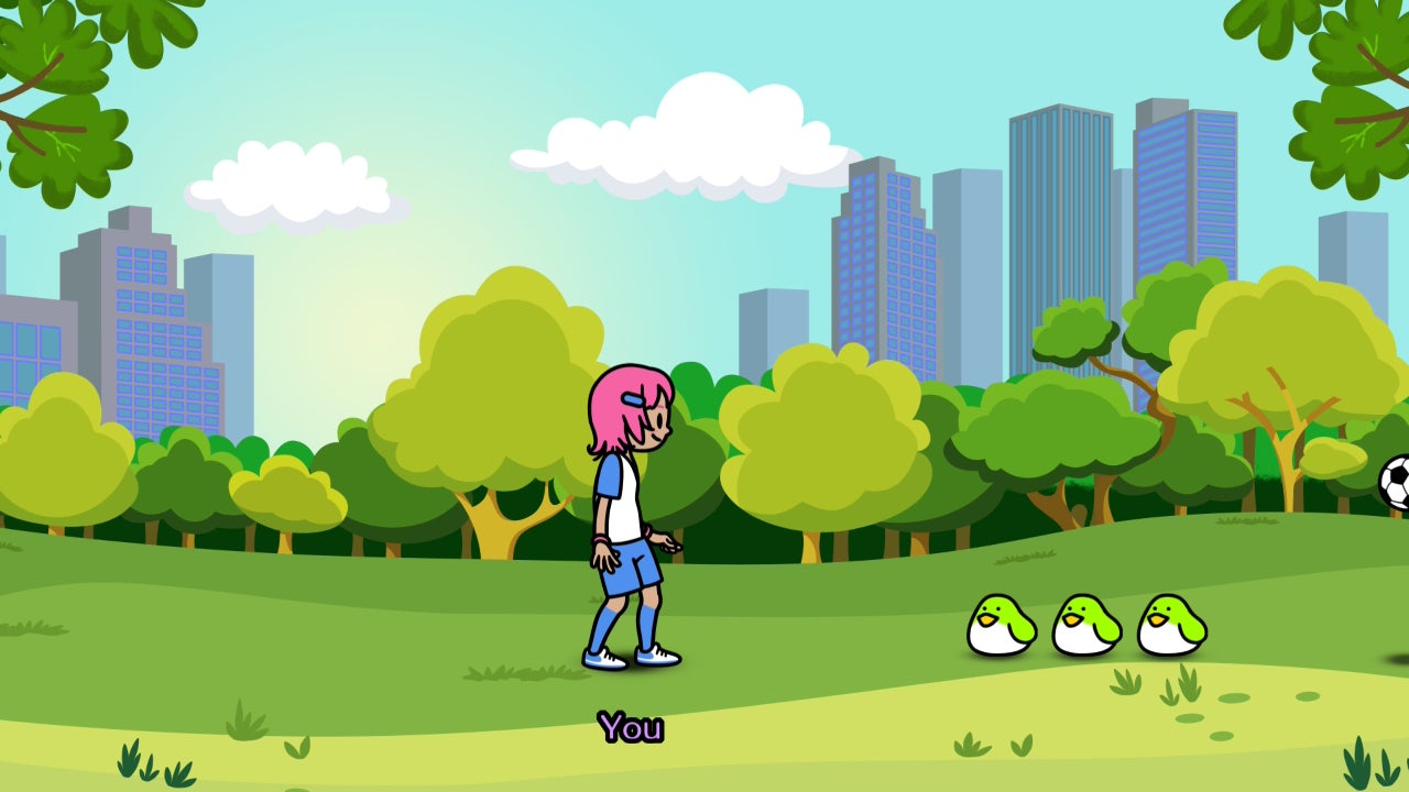 Rhythm Paradise Groove screenshot showing a cartoon person in a park with three little green birds
