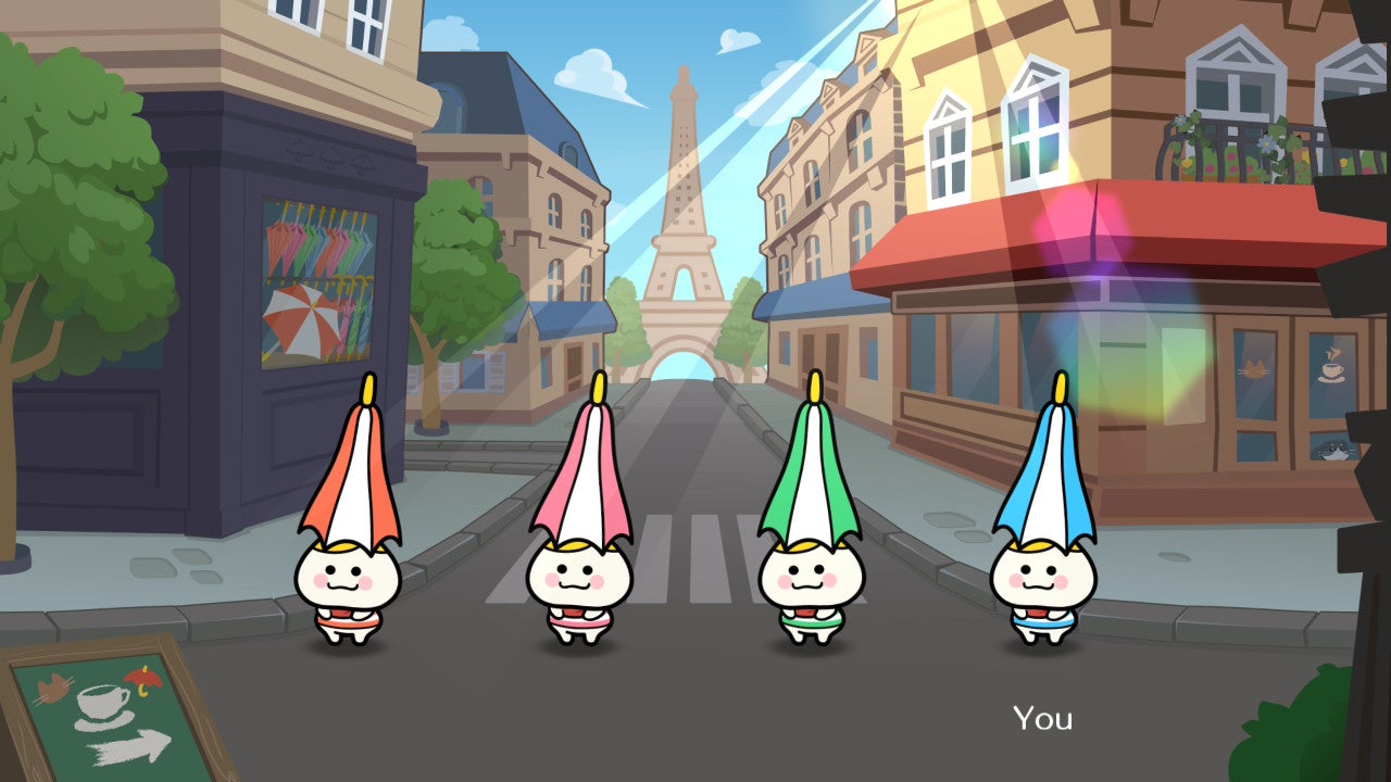 Rhythm Paradise Groove screenshot showing four little creatures with colour umbrellas on their heads in a cartoon Parisi