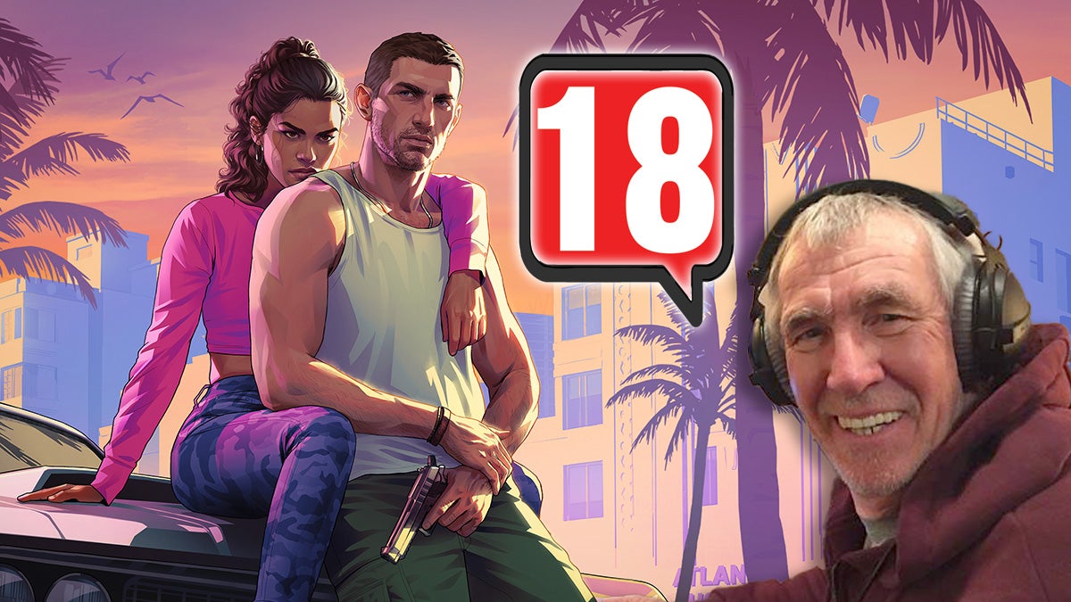 A composite image showing GTA6 key art in the background - the dual protagonist couple sat hugging on a bonnet of a car - and then an older white gentleman overlaid in the corner, with headphones on. A speech bubble nearby shows a huge "18" backed by red. It's the PEGI 18 logo.