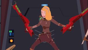 Beth, a blonde haired woman with her hair shaved at the side, is holding two large sci-fi weapons, with a smug look in Rick and Morty: The Anime.