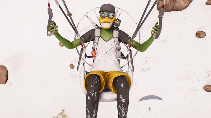 A Riders Republic character on a paramotor, wearing a duck mask, flying over some snowy mountains