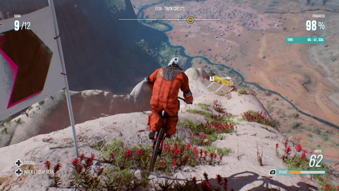 A mountain biker careers downhill in Riders Republic