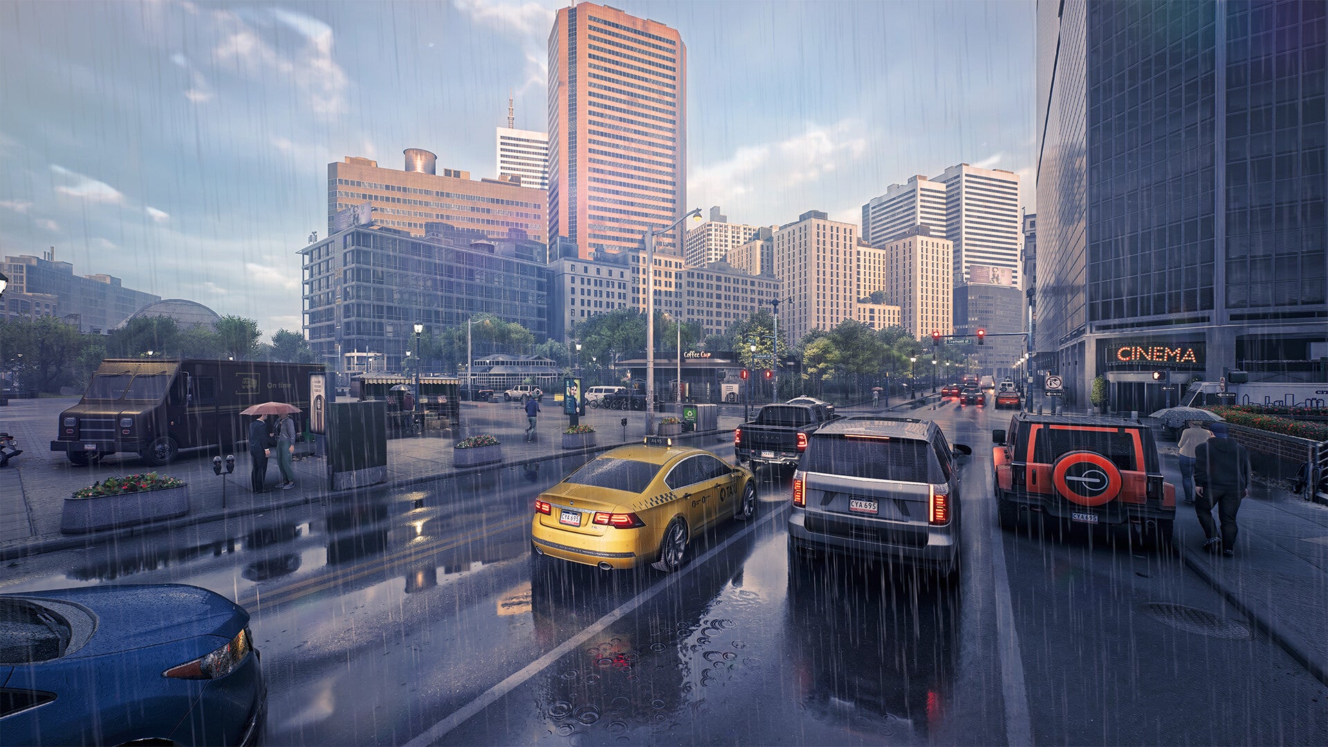 A yellow car driving through a load of other cars in a rainswept central city area from Rideshare Stimulator.