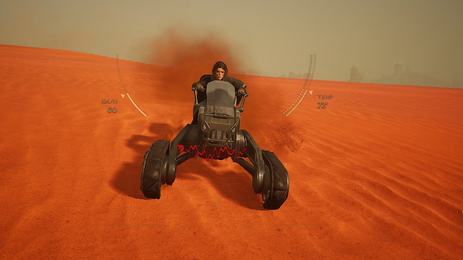 A character in Dune Awakening pilots a Sandbike over a red pilot of sand. - 1
