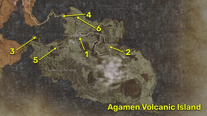Map locations of all Riftstones on Agamen Volcanic Island in Dragon's Dogma 2.