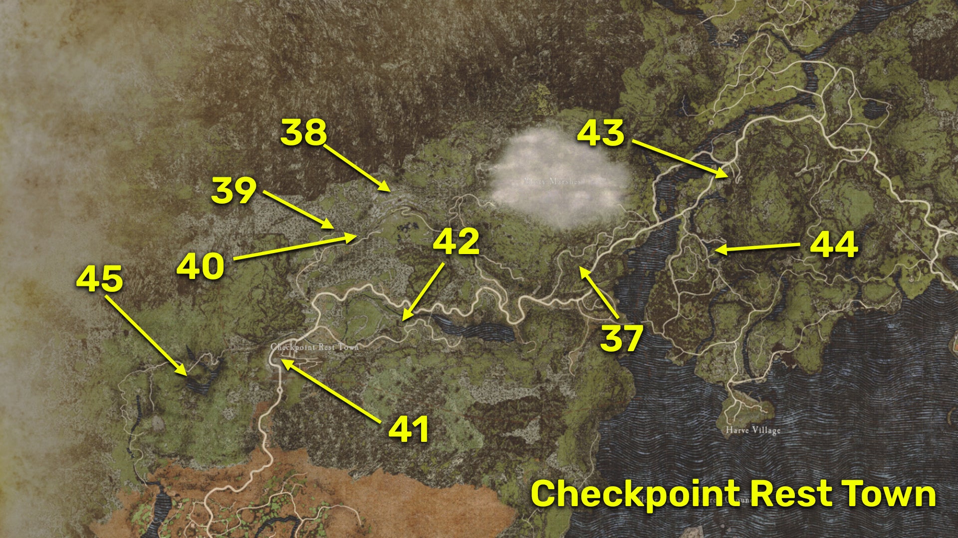 Map locations of all Riftstones in the Checkpoint Rest Town region of Dragon&rsquo;s Dogma 2.