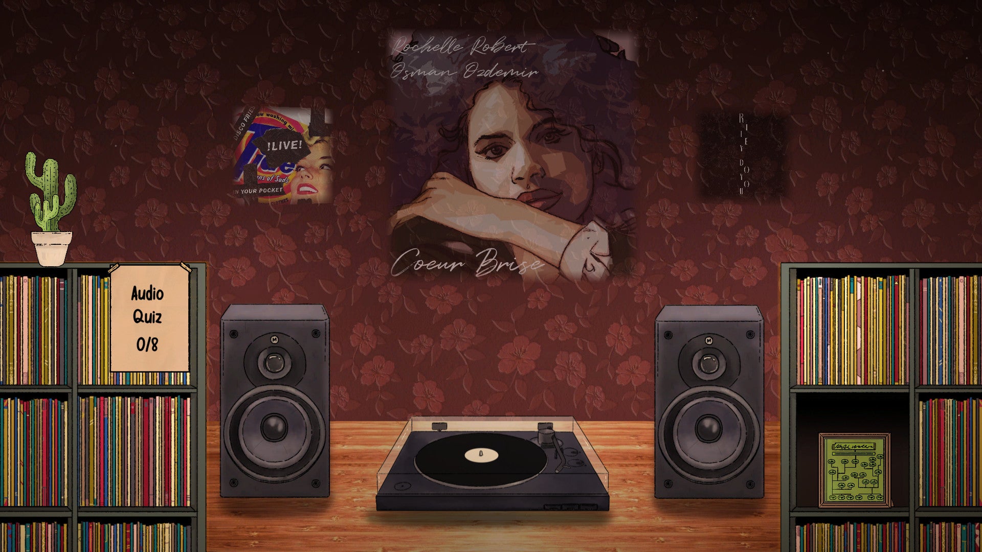 A screenshot from musical puzzle game Riley &amp; Rochelle showing the player choosing which record to listen to