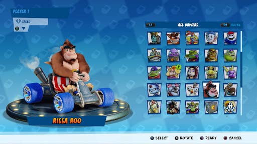 Character Select screen in Crash Team Racing Nitro Fueled, featuring 'fixed' Rilla Roo.