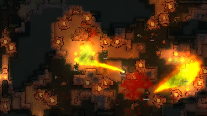 A screenshot from RimWorld’s Anomaly expansion showing colonists unleashing flamethrowers in a fleshy cave.