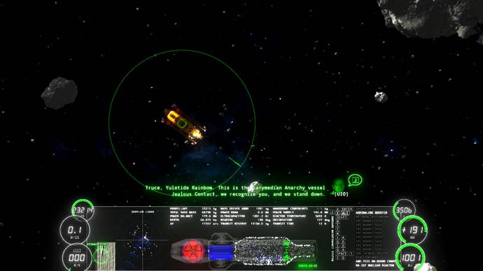 A space in the black void of space in Rings Of Saturn. Another vessel has made contact confirming they’ll stand down from combat