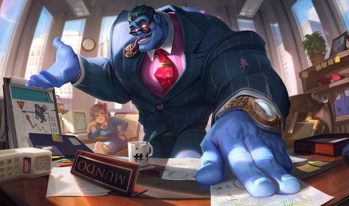 The key art from Riot Games' Legal Mumbo Jumbo page, showing a blue creature in a fancy suit and tie at an office desk with a "Mundo" name plate, a #1 coffee mug and a chart with a cartoon picture of him on it