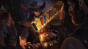 A Legends of Runeterra character shuffling some cards.