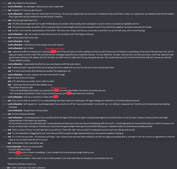 An image showing an alleged Discord conversation between a Riot staffer and one of the developers of a League Of Legends legacy server.