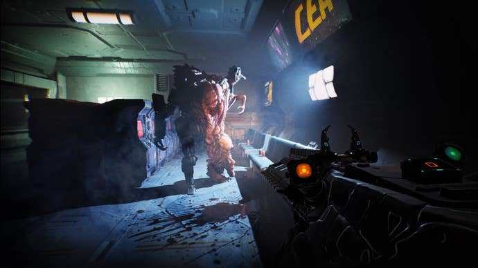 A horrifying monster marches towards the player in Ripout.