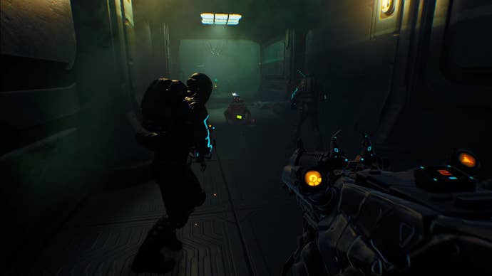 Two players cautiously approach TV-dogs in Ripout.