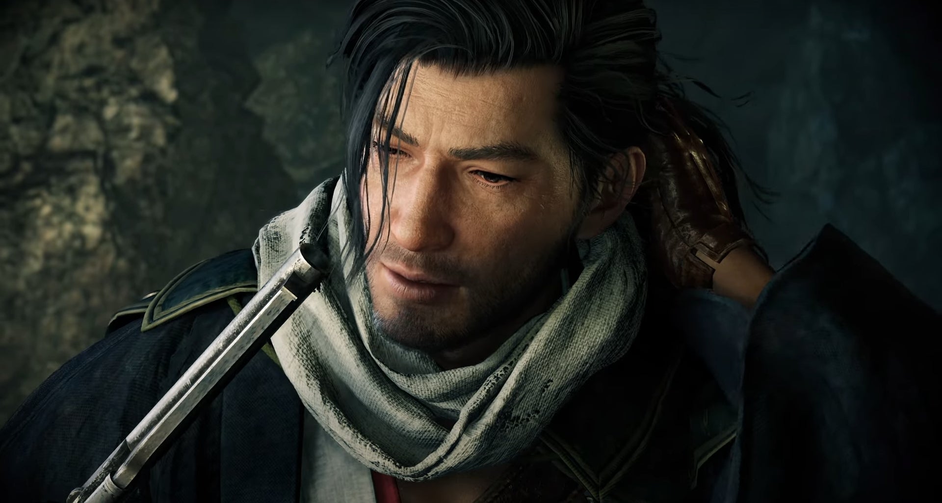 A screengrab from the announcement trailer for Rise Of The Ronin showing a character blowing the smoke from the end of a recently fired pistol.