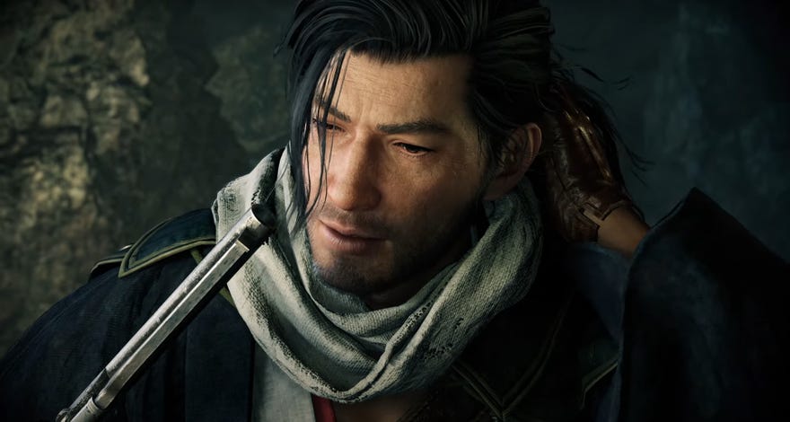 A screengrab from the announcement trailer for Rise Of The Ronin showing a character blowing the smoke from the end of a recently fired pistol.