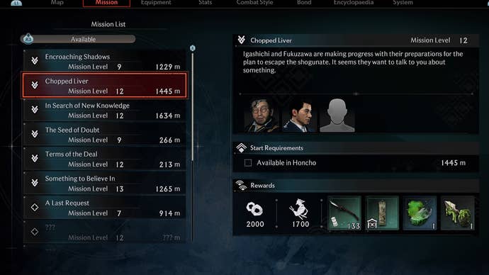 Many Bond Missions will give you lots of experience in Rise of the Ronin