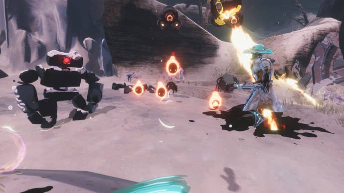 A Risk of Rain 2 screenshot showing assorted enemies connected a rocky terrain.