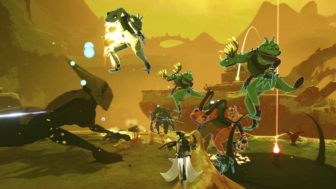 Big Lemurian companions gang up on an insectoid enemy in Risk Of Rain 2’s Devotion update.