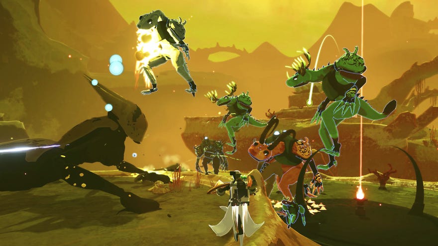 Big Lemurian companions gang up on an insectoid enemy in Risk Of Rain 2’s Devotion update.