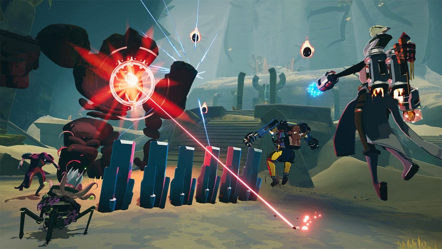 A golem fires a laser at two players as they attack in Risk Of Rain 2.