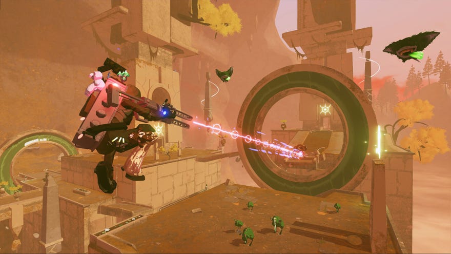 A screenshot of Risk Of Rain 2’s Survivor Of The Void DLC, showing new class the Railgunner firing his railgun.