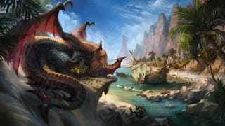 Dragon Age: Dreadwolf artwork showing a red dragon curled up sleeping next to a river.