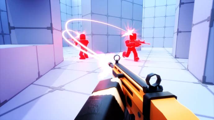 Artwork for the Roblox game Rivals, which is from a first-person perspective, showing a player pointing a rifle at two characters.