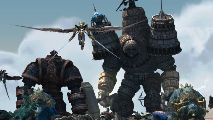A screenshot from Demigod with a handful of monsters and one gigantic stone creature with three full towers springing out of its back and shoulders