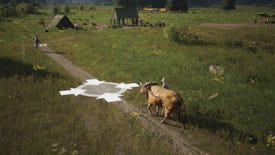 A screenshot showing a peasant walking down a road with their ox in Manor Lords.
