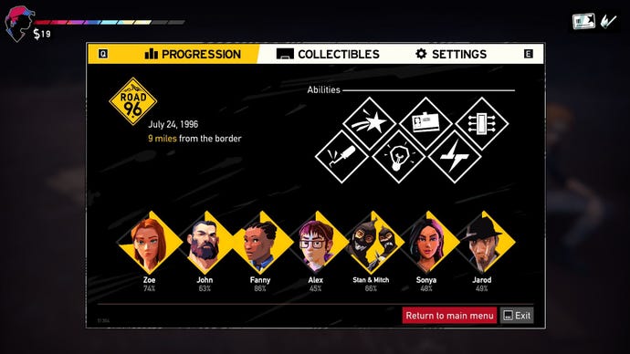A screenshot of the Road 96 menu screen showing the abilities the player has accrued (like lockpicking or quick thinking) and the progress they’ve made with each of the supporting cast of characters