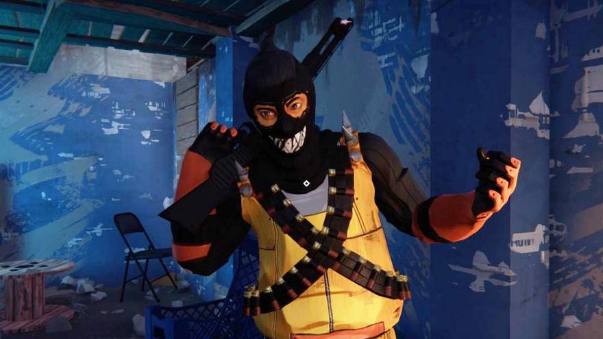 A screenshot of (I think) Stan, a pair of brothers who dress in yellow overalls, orange gloves and boots, and black balaclavas, and do crimes up and down the country in Road 96