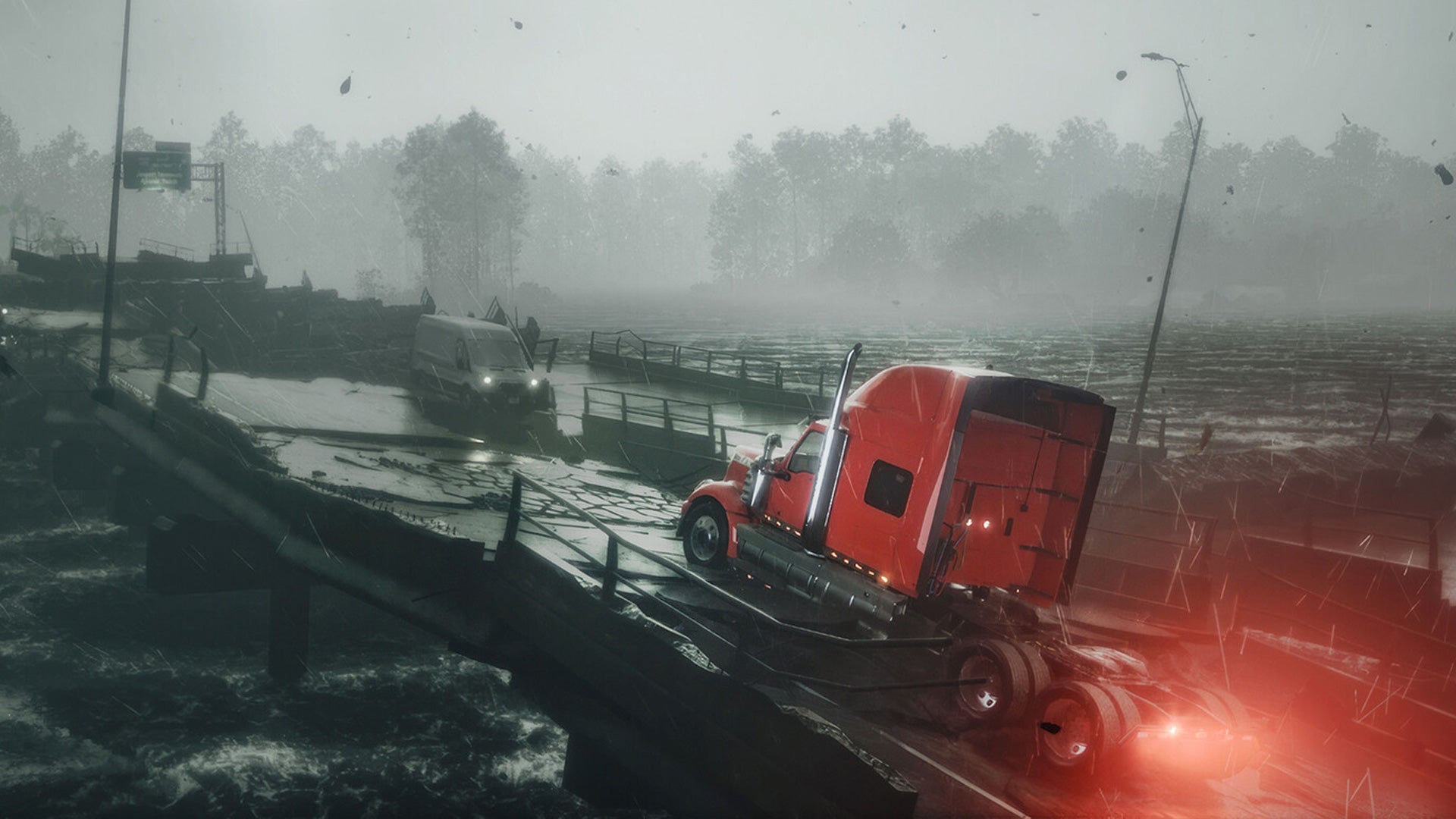 A truck battles to try over a breaking bridge in high winds in Road Kings