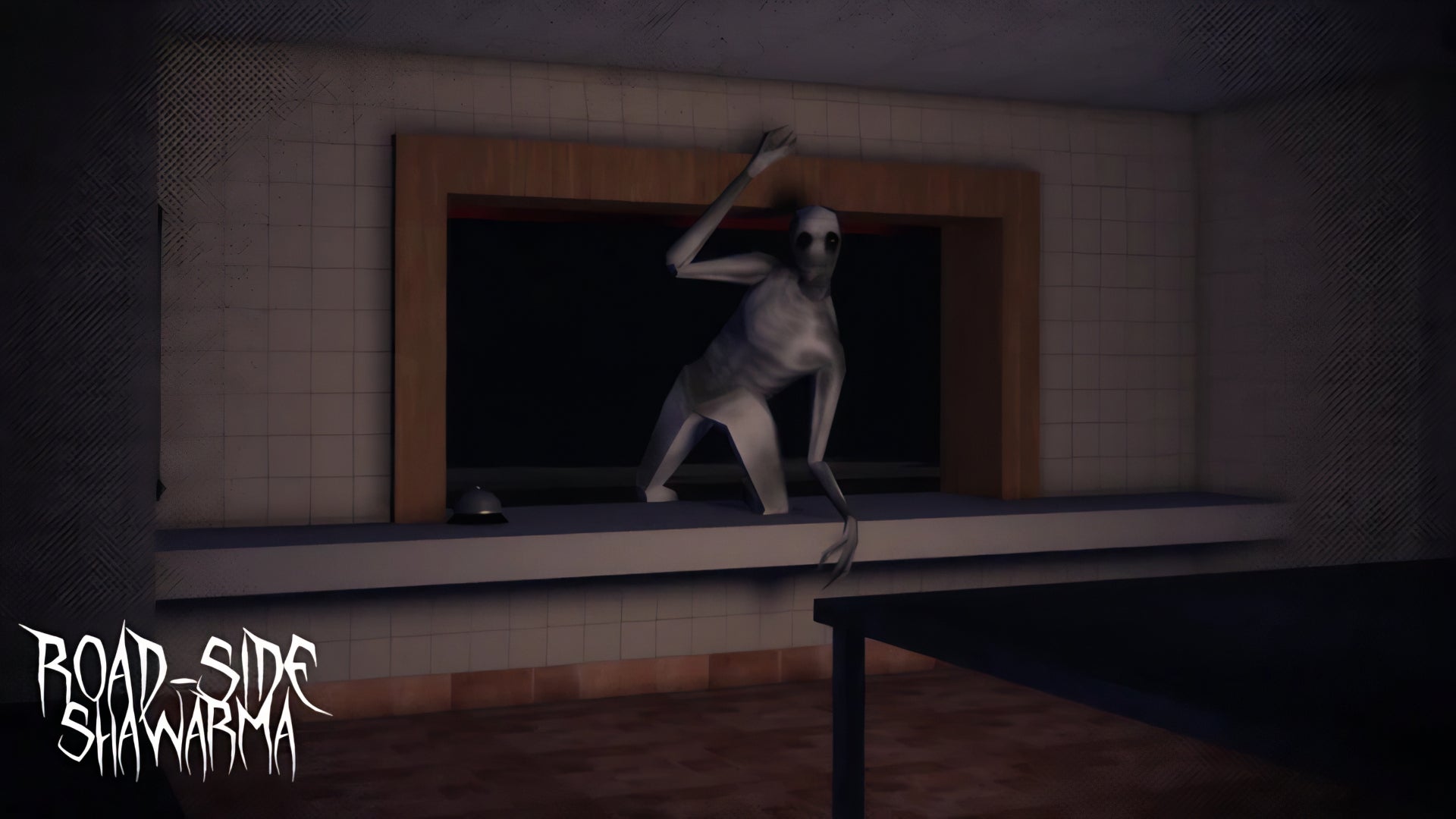 Artwork from the Roblox game, Road-Side Shawarma, depicting a monster entering the game's shawarma kiosk through the open shutter. - 1