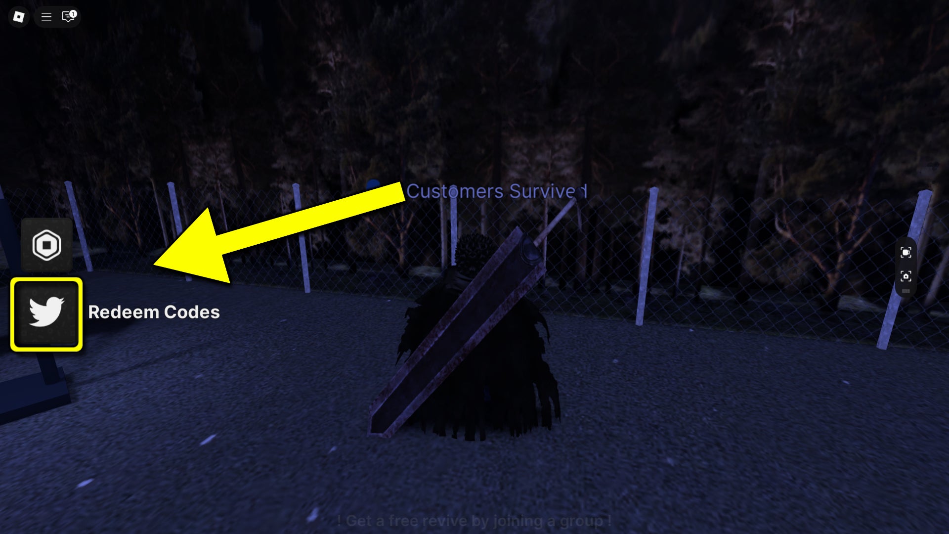 An in-game screenshot from the Roblox game, Road-Side Shawarma, featuring an arrow pointing to the codes bar that can be accessed from the game's pre-match lobby. - 3